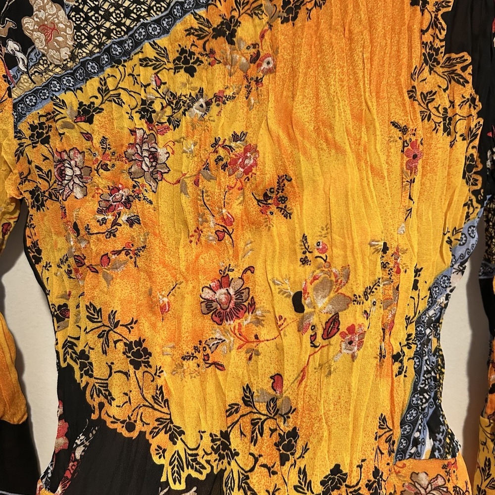 Jaipur Y2K witchy‎ fairycore magical Gold Crepe Floral Ruffle Blouse top Pleat S - Picture 9 of 9